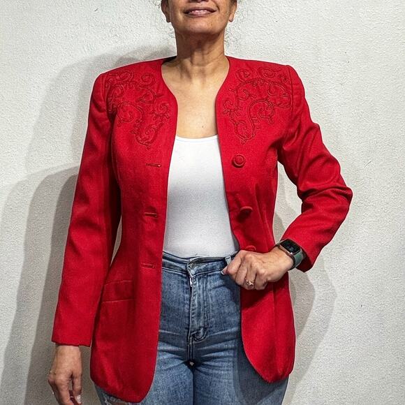Le Suit Petite Red Blazer Sz 10 P - Picture 1 of 11